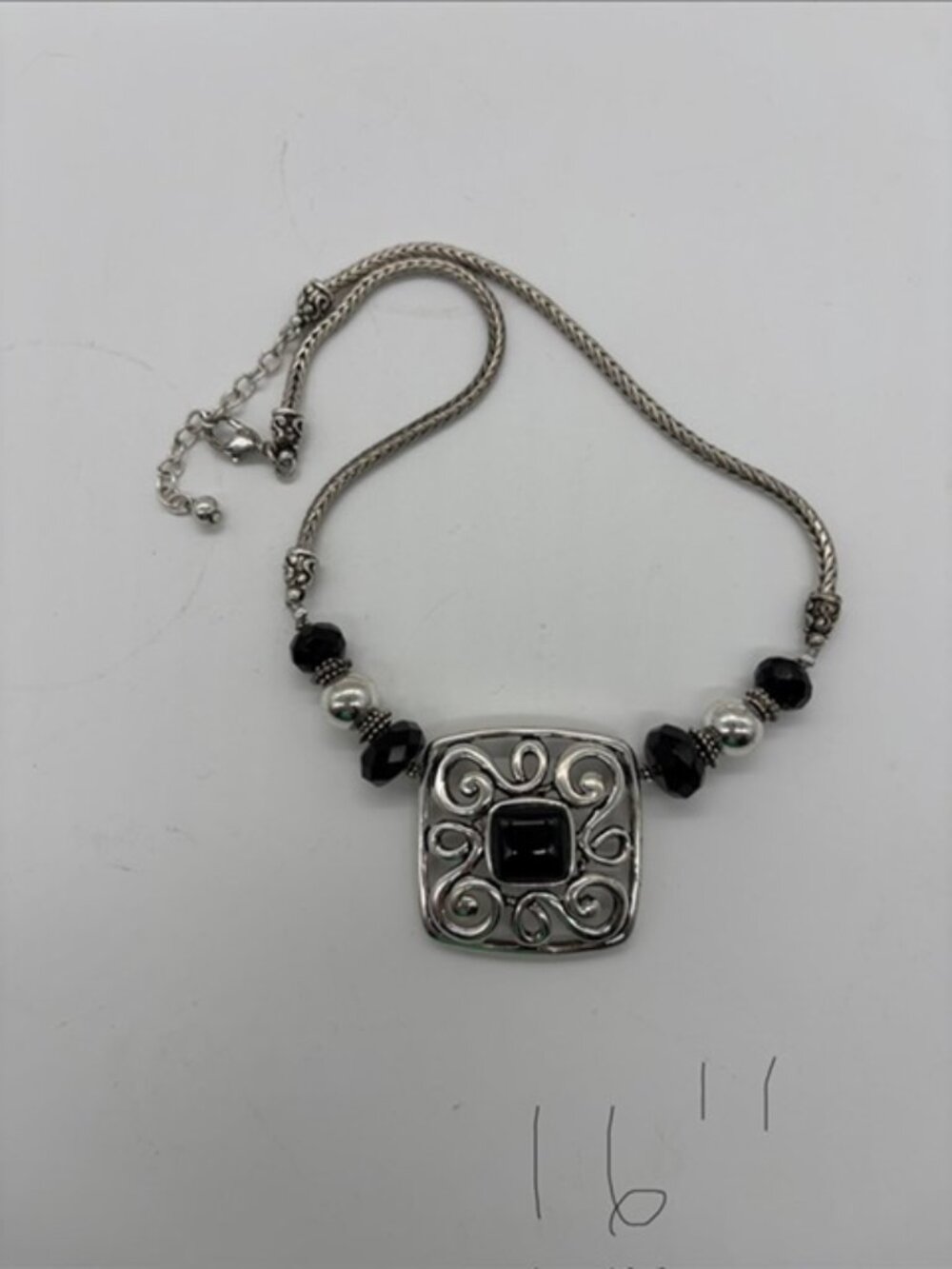 Silver Tone Scroll Pendant Necklace with Black Beads 16"